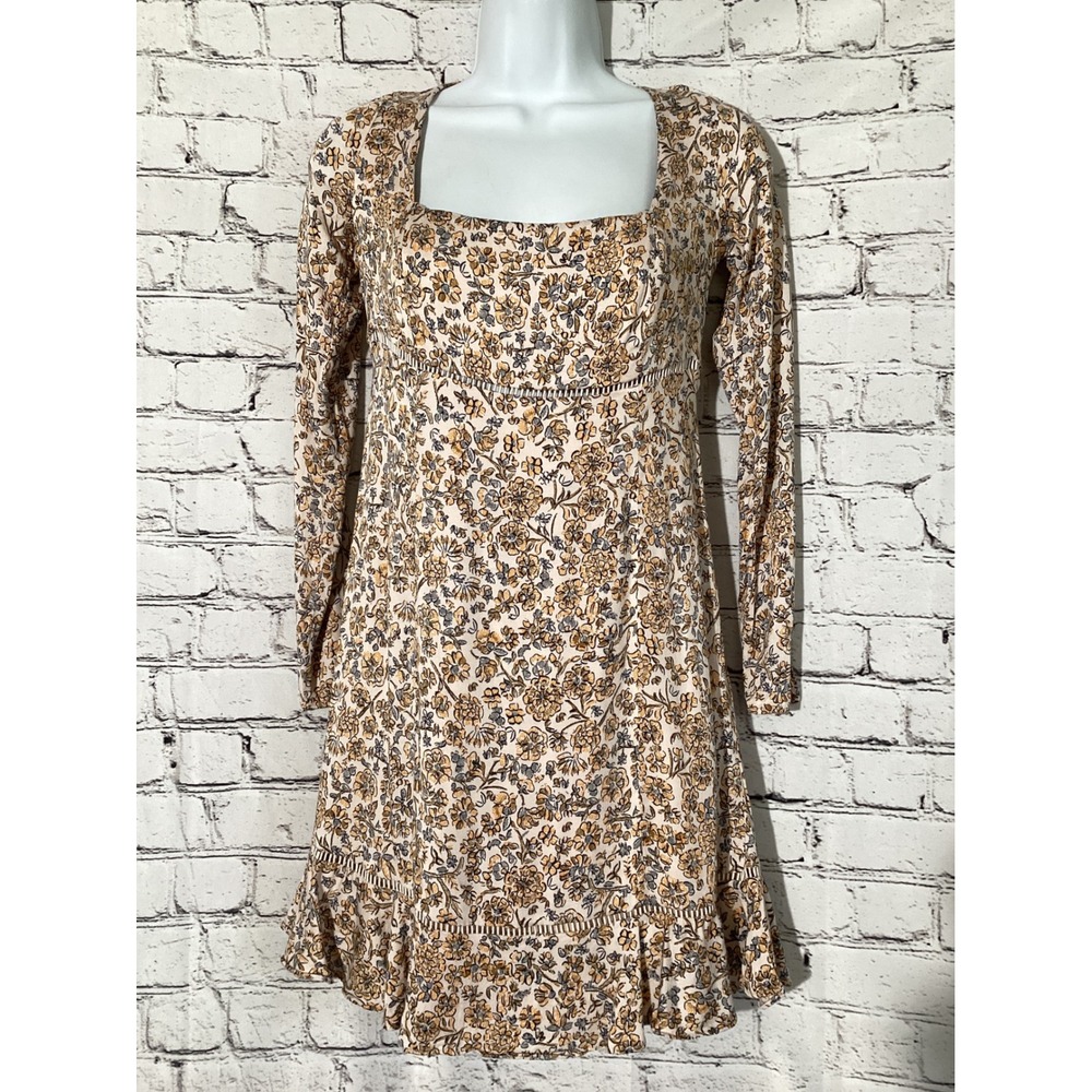 Free People Floral Open Back Mini Dress Long Sleeve Square Neck Cream Yellow 4